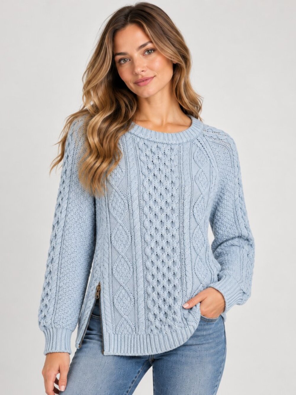L.L. BEAN SIGNATURE Women's Cable Knit Sweater Size S Light Blue Cotton Side Zip